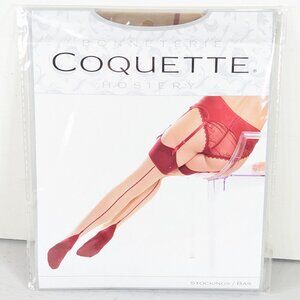 1 pair Coquette Beige Thigh High Stockings with Merlot Red Heel + Backseam #1909